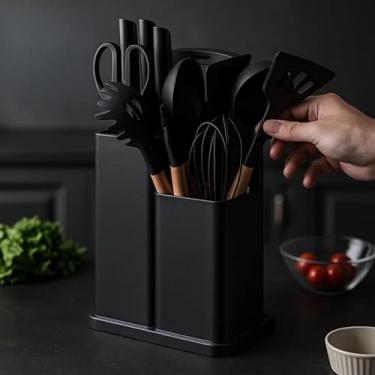 Imagem de Kit 12 Ou 19 Conjunto De Utensílios Silicone Cozinha Colher Escumadeira Concha Escumadeiras Pote(Kit 19 Preto)