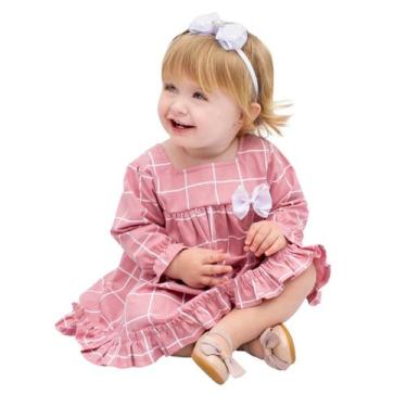 Imagem de Roupa de Bebê Menina Manga Longa Xadrez Rose com Tiara 100% Algodão Mu