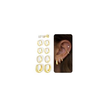 Imagem de Turandoss Brincos de argola de ouro para mulheres, conjunto de brincos de argola 14 K delicados CZ para várias joias de piercing, Small, Latão, Zircônia cúbica