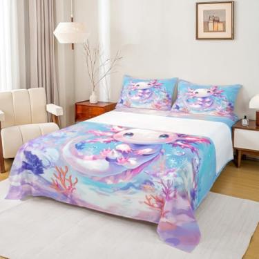 Imagem de Erosebridal Jogo de lençol de solteiro para meninas adolescentes Axolotl fofo desenho animado oceano marinho kawaii, lençol de salamandra