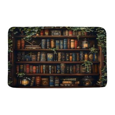 Imagem de WUASDCS Biblioteca tapete de banheiro vintage livros retrô antigo estante mágica educação folhas verdes tábua de madeira banheiro cozinha tapete de microfibra decoração de casa de banho tapete de