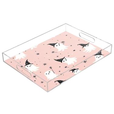 Imagem de xigua Bandeja de servir de acrílico fantasma de Halloween com alças à prova de derramamento, bandejas decorativas de festa de Halloween, bandeja organizadora de bancada para banheiro, cozinha, 30,5 x