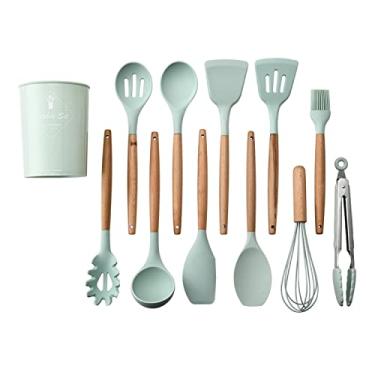 Imagem de Conjunto de Utensílios Cozinha 11 Peças Silicone com Cabo Madeira Panelas Antiaderentes Gadgets Premium Resistente ao Calor Fácil Pendurar Livre BPA
