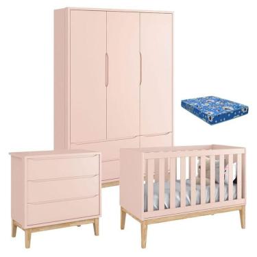 Imagem de Quarto De Bebê Classic 3 Portas Com Colchão Cômoda Gaveteiro Rosa Pés Madeira Natural - Reller