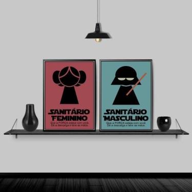Imagem de Kit 2 Quadros Sanitário Feminino Masculino 45X34 Vidro Preta