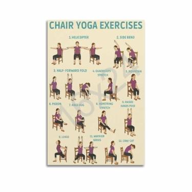 Imagem de PENCHAIN Pôster de exercícios de ioga para cadeira gráfico de bem-estar para idosos acima de 60 anos - Guia de ioga suave com poses sentadas, pôster de arte de parede, tela estética 16 x 24 polegadas
