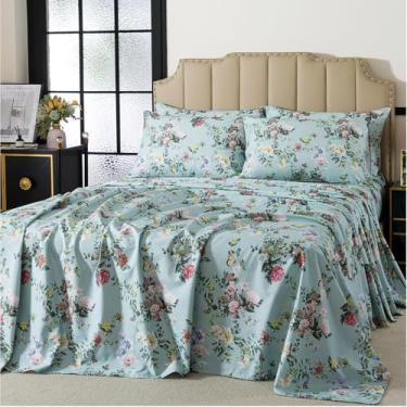 Imagem de FADFAY Jogo de cama king size, 4 peças, 100% algodão, verde menta, estilo botânico, vintage macio e respirável, lençol com elástico alto, para todas as estações