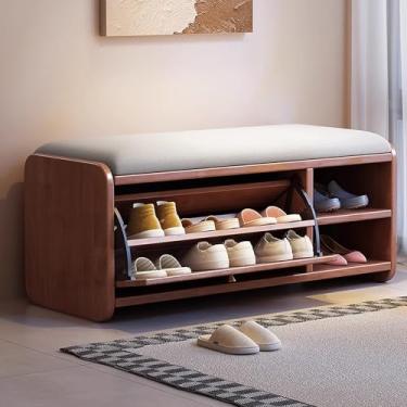 Imagem de Banco de sapateira de madeira maciça para entrada, armário de armazenamento com porta e assento estofado de linho de algodão, organizador de sapatos elegante, 100 x 30 x 48 cm, perfeito para corredor