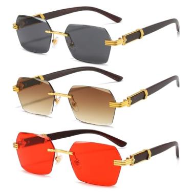 Imagem de AIEYEZO Óculos de sol retrô sem aro retangular, unissex, vintage, sem moldura, modernos, quadrados, matizados, Pacote com 3 (ouro/cinza + ouro/marrom + ouro/vermelho), MM