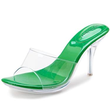 Imagem de NBUUNBU Salto prateado transparente para mulheres, sapatos sociais, tiras transparentes, salto alto, salto alto, salto alto, sandálias escarpim mules, Verde-9,5 cm, 36