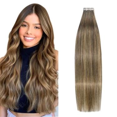 Imagem de SIYUSI Extensões de cabelo humano com fita adesiva, marrom chocolate a loiro escuro, 50 cm, 50 g, 20 peças, trama de pele invisível sem costura, extensões de cabelo humano Remy, liso sedoso com pontas
