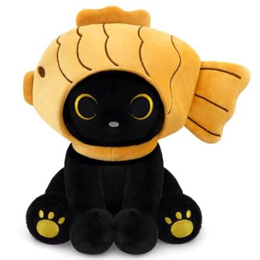 Imagem de Hagusahuo Pelúcia de gato de pelúcia de peixe, gato preto de 20 cm com capuz marrom Taiyaki removível, brinquedo de pelúcia kawaii fofo para meninas, crianças, meninos, presentes de aniversário de