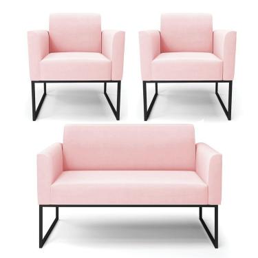 Imagem de Sofá Namoradeira Com 2 Poltronas Base Industrial Preto Marisa Suede Rosa Bebê
