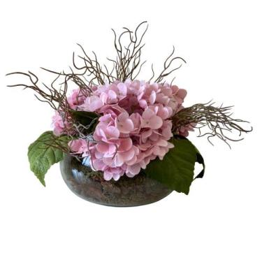 Imagem de Arranjo Grande Centro de Mesa Hortênsias Rosa Artificial Vaso Incolor 