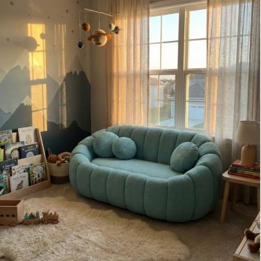 Imagem de Sofá Curvo Orgânico Confortável Concha Bouclê Azul Turquesa - Montanari`s Decor