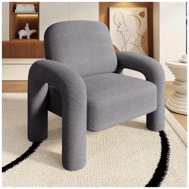 Imagem de Poltrona Dewhut em tecido sherpa cinza, cadeira decorativa estofada com braços curvos tipo tromba de elefante