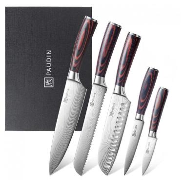 Imagem de Conjunto de Facas de Cozinha PAUDIN 5 Peças Prata/Marrom com Bainha e Cabo Pakkawood