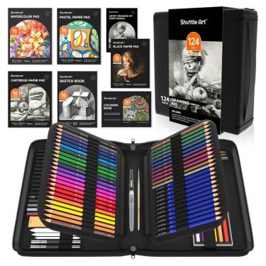 Imagem de Kit de desenho Shuttle Art 124 peças com lápis de grafite, carvão, lápis de cor, aquareláveis, metálicos, pastéis e blocos de papel em