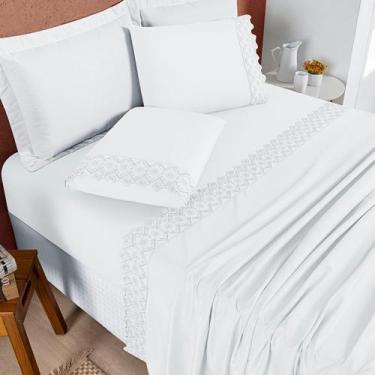 Imagem de Jogo de Lençol C/ Elástico Casal King Bordado Inglês 200 Fios Nobless 