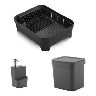 Imagem de Kit 3 Pçs Escorredor Louça Talher, Lixeira Porta Detergente, Preto