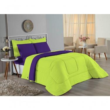 Imagem de Edredom Solteiro Nobre 1 Peça Dupla Face 1,60m X 2,40m Malha 100% Algodão - Pistache / Roxo