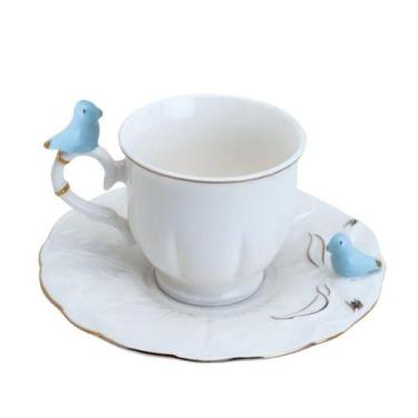 Imagem de Xícara De Café Porcelana Birds Azul E Branca Fio Dourado Pássaro Com P