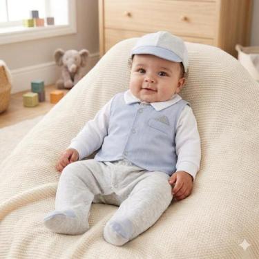 Imagem de Macacão Bebê Menino Longo para Roupa de Frio Malha Smoker Kit 03 peças