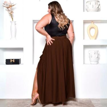 Imagem de Saia Longa Tipo Godê com Bolso Fenda Zíper E Cinto Plus Size Cor:Marro