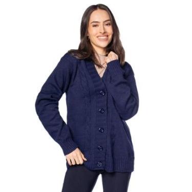 Imagem de Casaco Feminino Oliveira Malhas Tricot com Tranças Marinho-Feminino