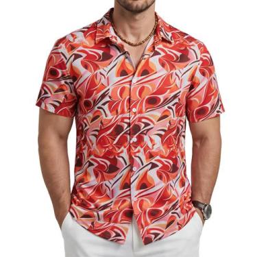Imagem de Camisa masculina Cotrasen havaiana de manga curta GG laranja vermelha