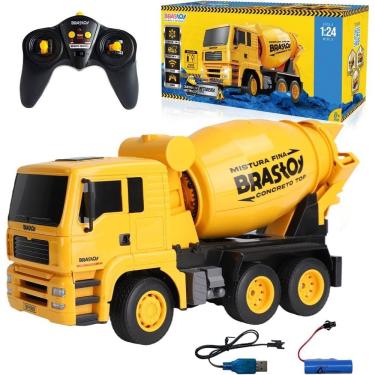 Imagem de Betoneira Caminhão de Construção 1:24 Controle Remoto Tambor Giratório Amarelo 6 Canais 3,7V 500mAh