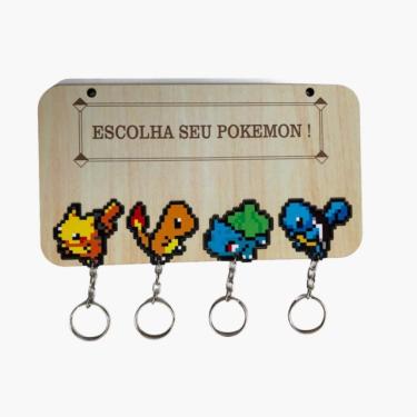 Imagem de Porta Chaves Pokémon Acessório Geek Decorativo Chaveiro Pikachu Charmander Bulbasaur Squirtle Presente Gamer Cantinho Nerd Temático Mdf Artesanal
