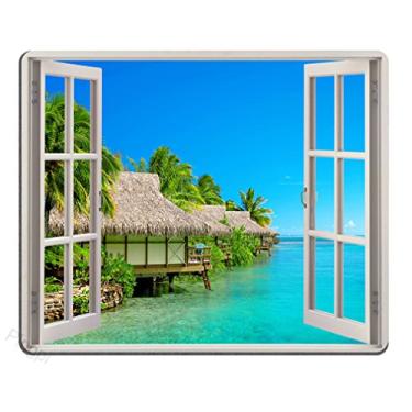 Imagem de Mouse pad vista mar palmeiras ilha tropical praia natureza paraíso imagem panorâmica através de janelas de madeira design personalizado, 9,5 x 7,9 polegadas (240 mm x 200 mm x 3 mm)