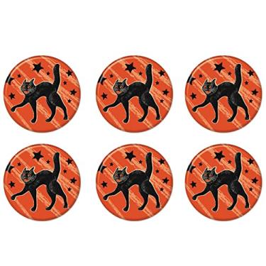 Imagem de Beistle 6 peças retrô vintage Happy Halloween Party Favors Cat Pinback Botons, 5 cm, laranja/preto