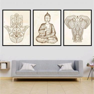 Imagem de Kit 3 Quadros Decorativos Buda Zen, Hamsa, Elefante