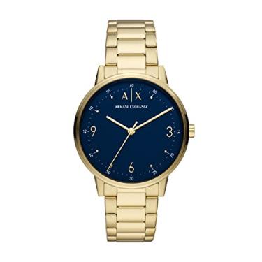 Imagem de A|X Armani Exchange Relógio masculino com mostrador analógico de três ponteiros e pulseira de aço inoxidável ou couro, relógio masculino, Ouro e azul, Relógio de quartzo