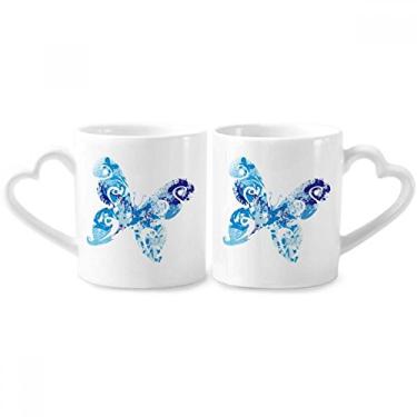 Imagem de Conjunto de canecas de porcelana para casal, grafite, borboleta azul celeste, com coração