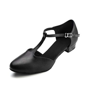 Imagem de Dress First Sapatilhas de dança femininas salto baixo couro genuíno tira em T Latin Ballroom Salsa Shoes, 2,5 cm, Preto, 35