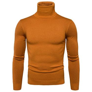 Imagem de Elonglin Suéter masculino básico de malha com gola rolê pulôver de algodão leve outono inverno, Amarelo, M