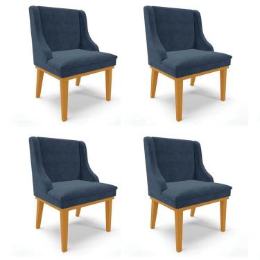 Imagem de Kit 4 Cadeiras Estofadas Para Sala De Jantar Base Fixa De Madeira Castanho Lia Suede Azul-Ibiza