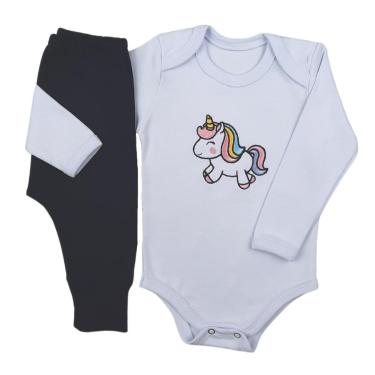 Imagem de Conjunto Body Manga Longa Bordado Unicórnio e Calça Suedine Mijão Culote - Roupa Bebê Menina-Masculino