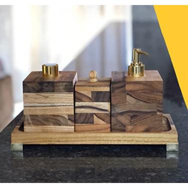 Imagem de Kit Higiene Lavabo/Banheiro 4pçs - Madeira nobre "Teca" - Quadrado