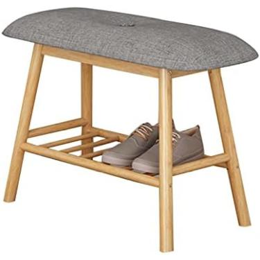Imagem de Rack De Sapatos De Bambu Com Assento Acolchoado Estofado, Organizador De Cubículo De Banco De Armazenamento De Sapatos Para Dormitório De Entrada De Sala De Estar E Apartamento Pequeno,Cinza,93 * 31