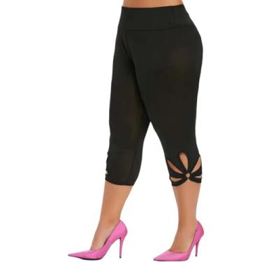 Imagem de AteecO Legging feminina oca cintura de verão casual leggings calças curtas, Preto, XXG