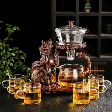 Imagem de Conjunto de bule de chá de vidro com infusor semiautomático, conjunto de chá de dragão com 6 xícaras pequenas (dragão vermelho)