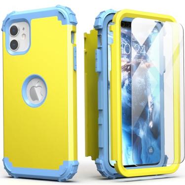 Imagem de IDweel Capa para iPhone 11 com protetor de tela (vidro temperado), híbrido 3 em 1 à prova de choque, ajuste fino, resistente, capa de policarbonato rígido, amortecedor de silicone macio, amarelo/azul paz