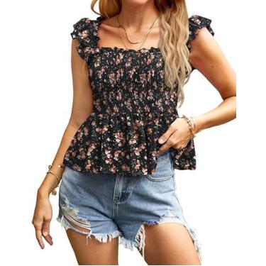Imagem de Clarisbelle Camiseta feminina de verão com decote quadrado e babados sem mangas Boho, Estampa floral A5, M