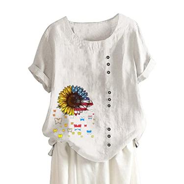 Imagem de Camisetas femininas de linho para o verão, casual, solta, túnica, estampa gráfica, gola redonda, blusas de manga curta, Branco, G