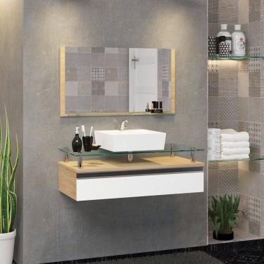 Imagem de Conjunto Gabinete Banheiro 80cm Ametista Freijó/Branco