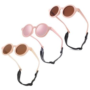 Imagem de LIU·WEN Óculos de sol redondos fofos para bebês polarizados, pacote com 3 - armação flexível com alça para bebês recém-nascidos de 0 a 24 meses, A5 rosa/marrom + rosa/rosa espelhado + rosa